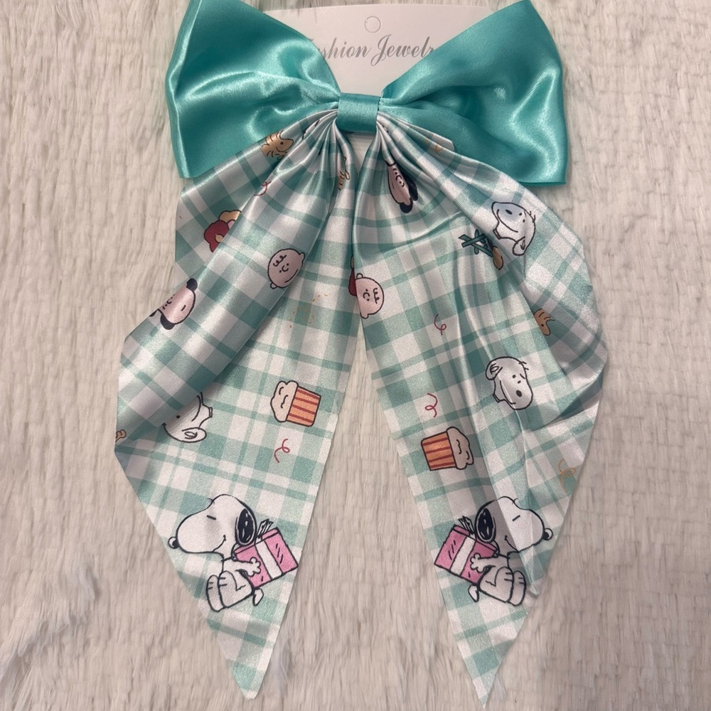 Cute Snoopy satin Bow Scarf in Teal and Mint coquette plaid